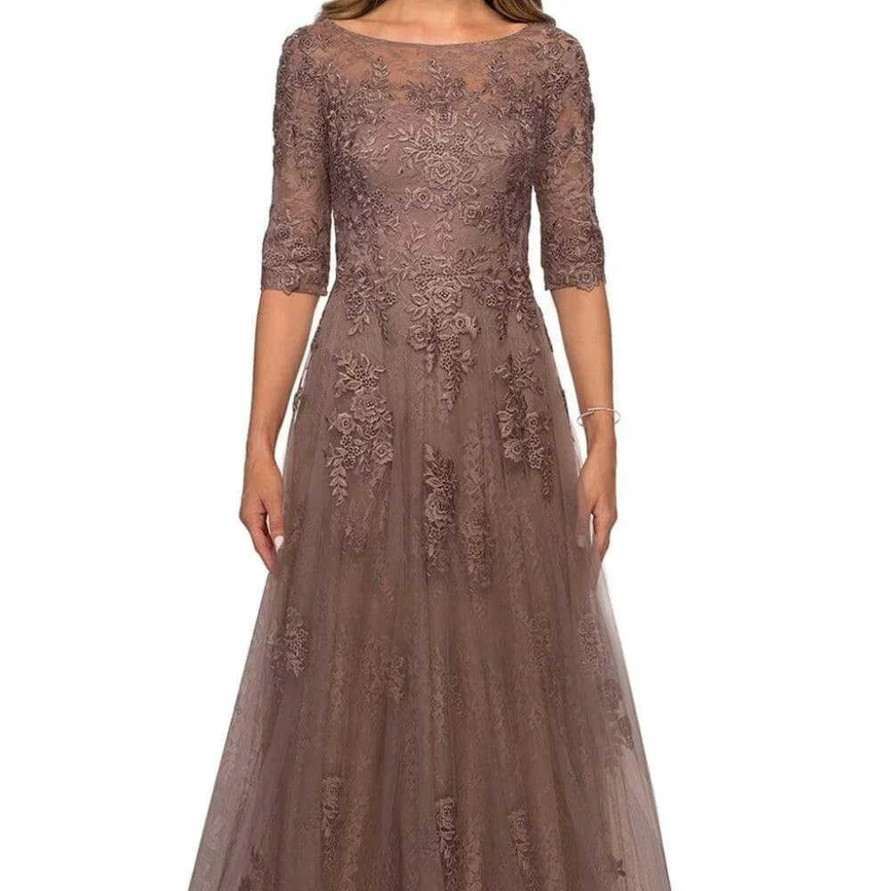NWT La Femme 28036SC Lace over Tulle Mother of the Bride Dress Cocoa Size 10